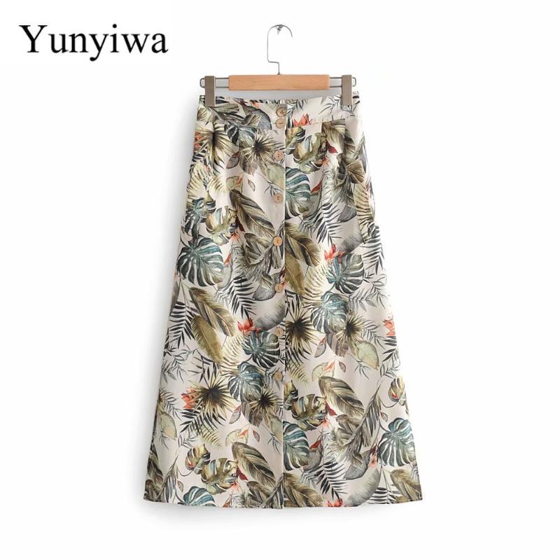 

New Women Tropical Floral Leaves Print Split Midi Skirt Faldas Mujer Ladies Stylish Elastic Waist Vestidos Casual Skirts, As picture