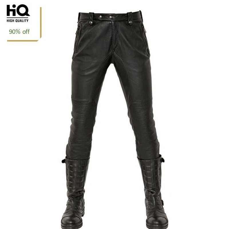 

Fashion Real Leather Pants Men 2020 New Winte Motorstyle Straight Full Length Masculina Trousers Punk Fleece Lining Pantalon Man, Black