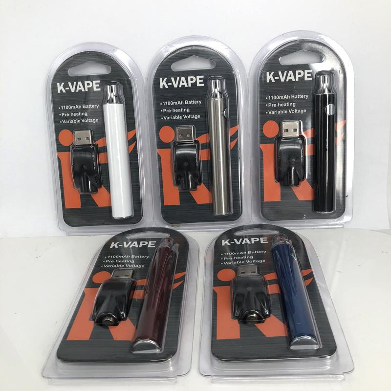 

K-VAPE 1100mAh Preheating Vape Battery Blister Charger Kit Electronic Cigarette Variable Voltage Bud Battery 510 Thread Vaporizer Pen Ecig