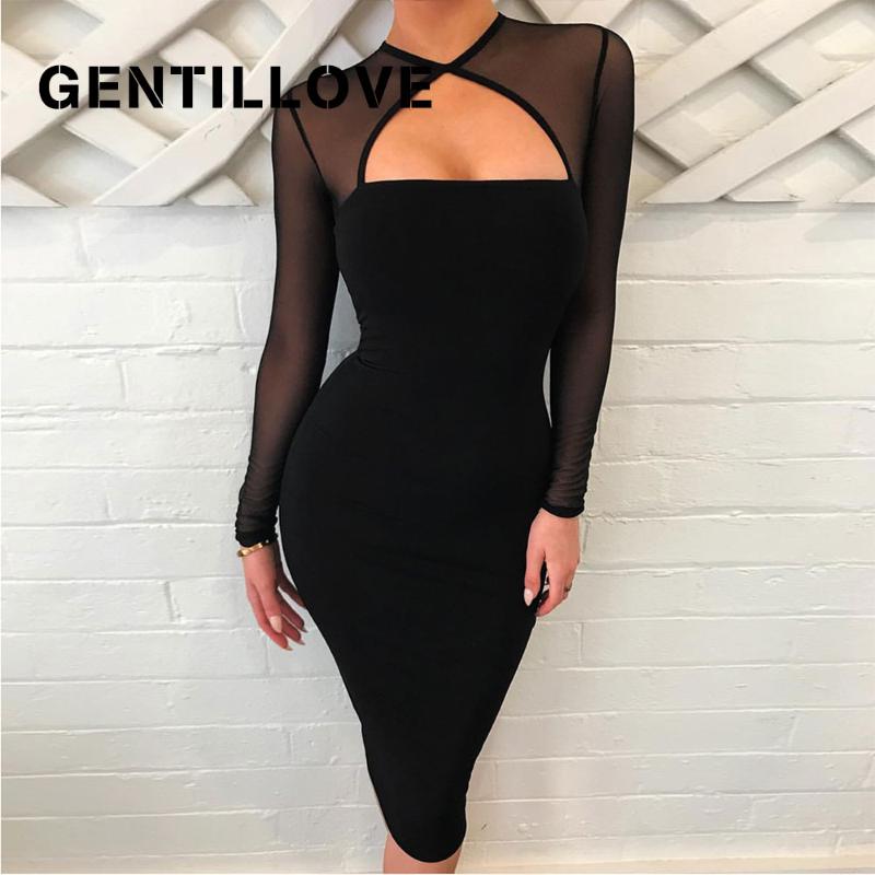 

Sexy Black Hollow Out Lace Sheath Knee-length Dress Elegant Mesh Patchwork Bodycon Dress Party Club Office Clothing