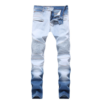 

New fashionable men's high street slim elastic on the color jeans zipper double color white trousers hot sale, Blue