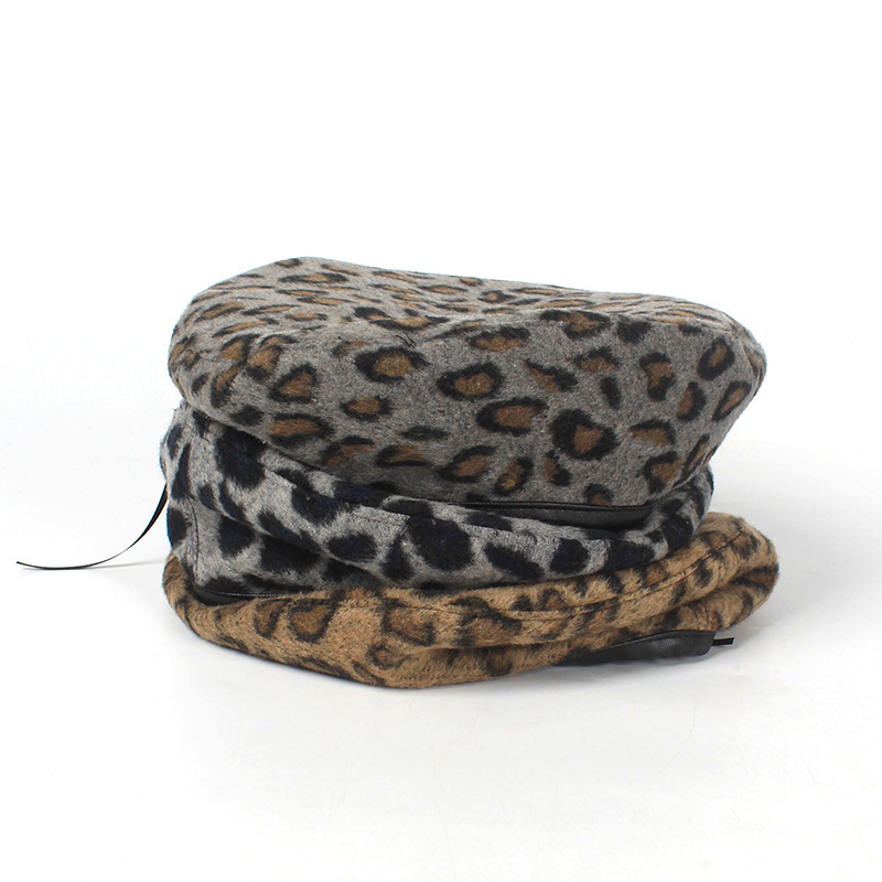 

Hat female autumn and winter new leather edge personality leopard beret wild hipster style innocent painter hat, Navy blue leopard