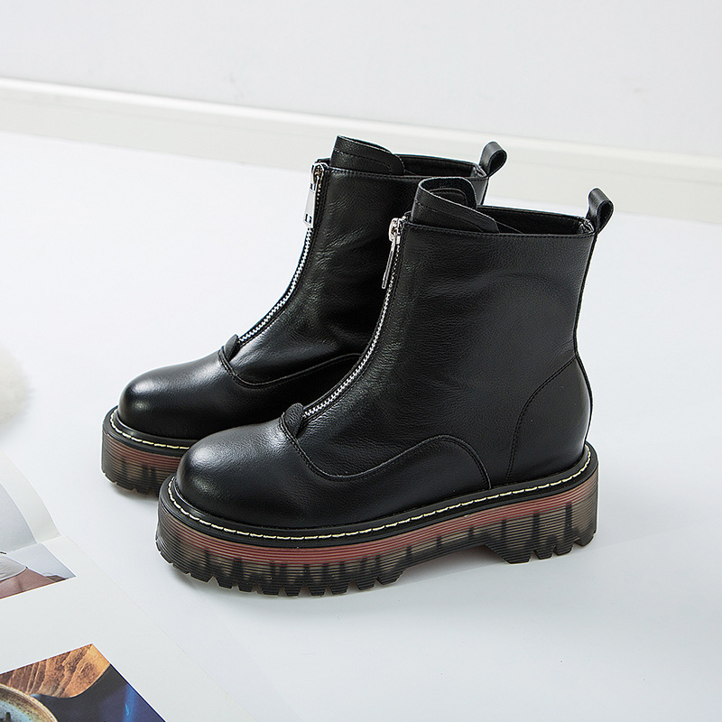 

Hot Sale-With shoebox Women elegant fashion shoes top grade quality cow leather shoes zip martin boots thick heel boots for woman zy511, Black