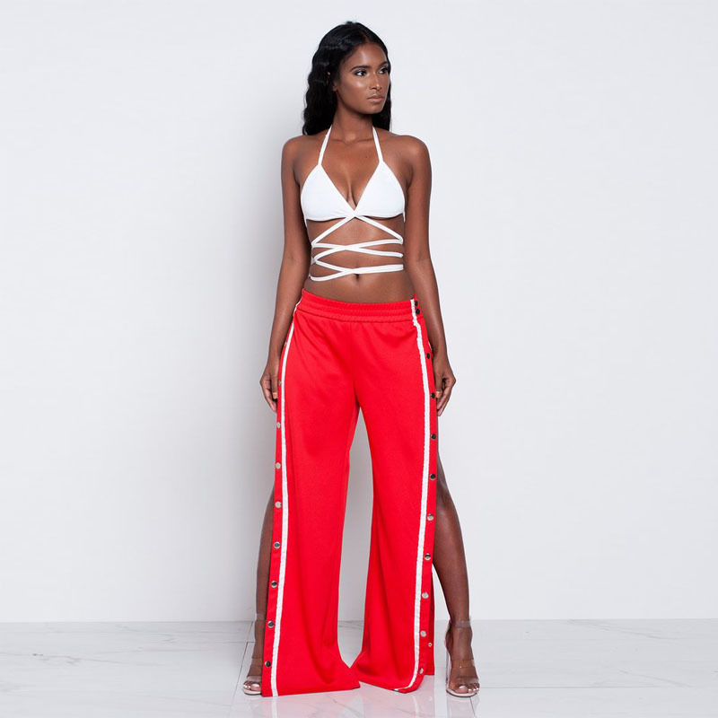 

Sweatpants Women Wide Leg Pants Palazzo Long Snap Capris Ladies Casual Loose Side Split Bohemian Bottom Sexy Button Trousers Y19070101, Black