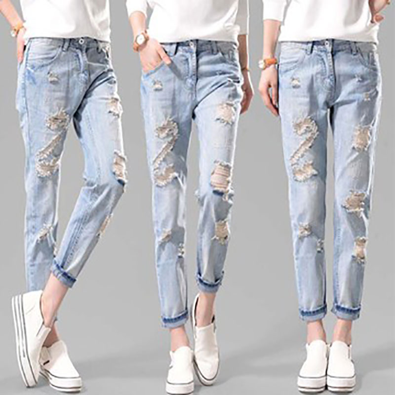 

Women's Spring and summer new style of ripped jeans women's feet Harun Spring version of Korean fashion loose trousers f, Light blue