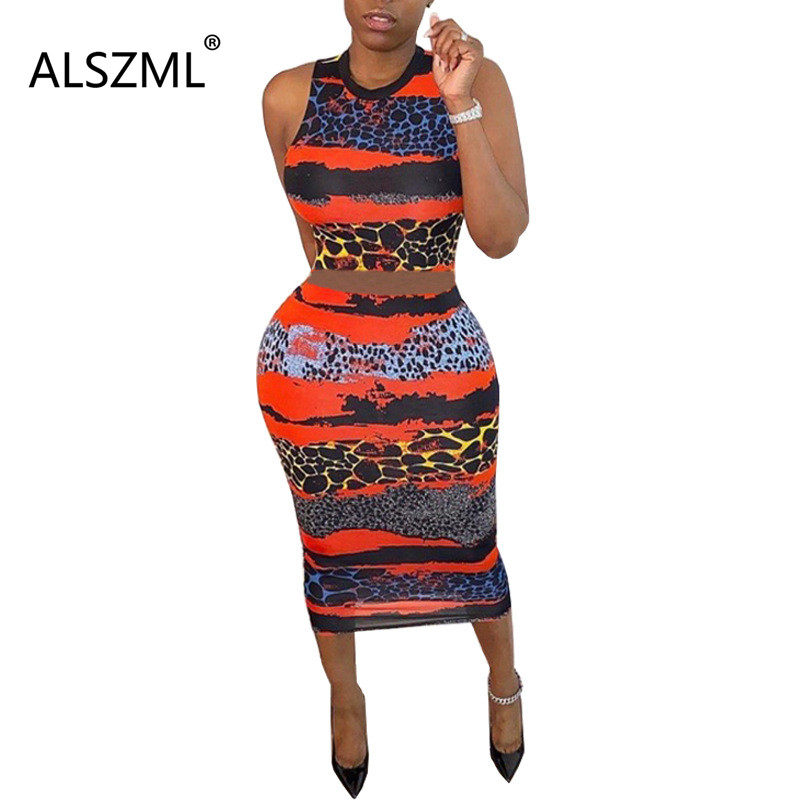 

2020 african style fashion sexy leopard print women set vest crop top + tight pencil skirt 2 piece set chic sexy summer suits, Red