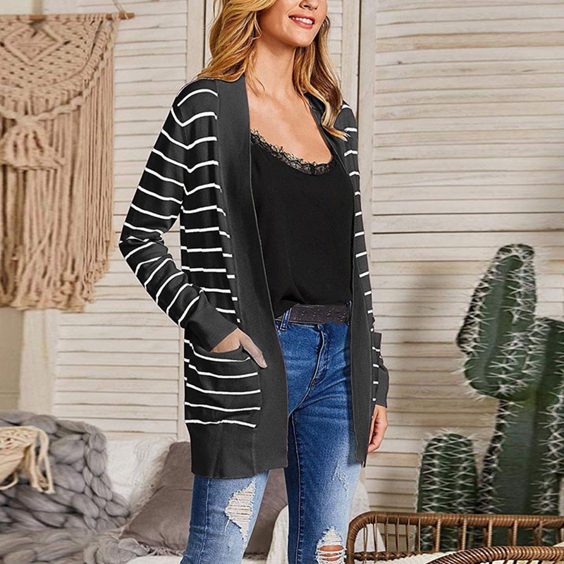 

Fashion Casual Striped Knitting Cardigan Women Clothing Autumn Winter Slim Long Sweater 2019 New Long Sleeves Coat, Black
