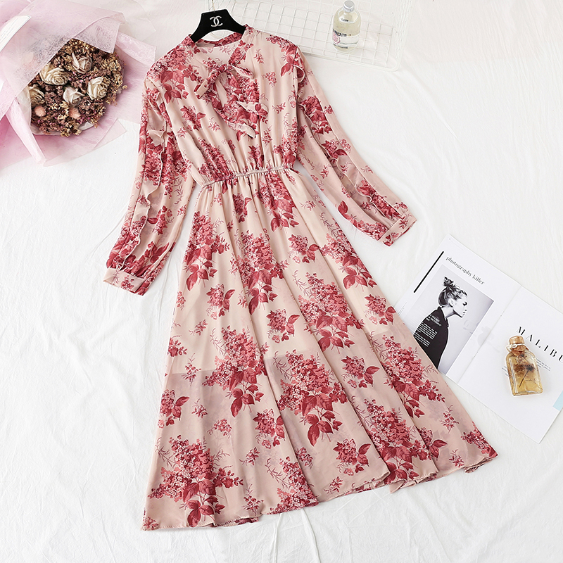 

2019 New spring autumn Fashion Casual Dress Women' Ruffle sleeve High waist Chiffon Floral Print Elegant Dress yy131, Photo color