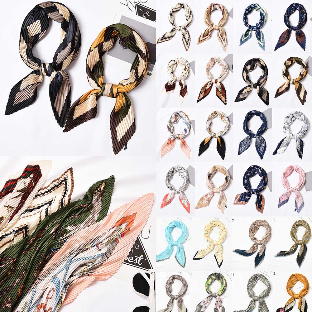 

2019 New Pleated Small Square Satin Silk Scarf 55*55cm Women's Polka Dot Floral Printed Scarves Head Scarf Wrap Handkerchief