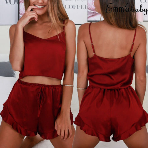 

Women Sexy Satin Lace Cami Cropped Tops Shorts Babydoll Sleepwear Pajama Sets 2pcs