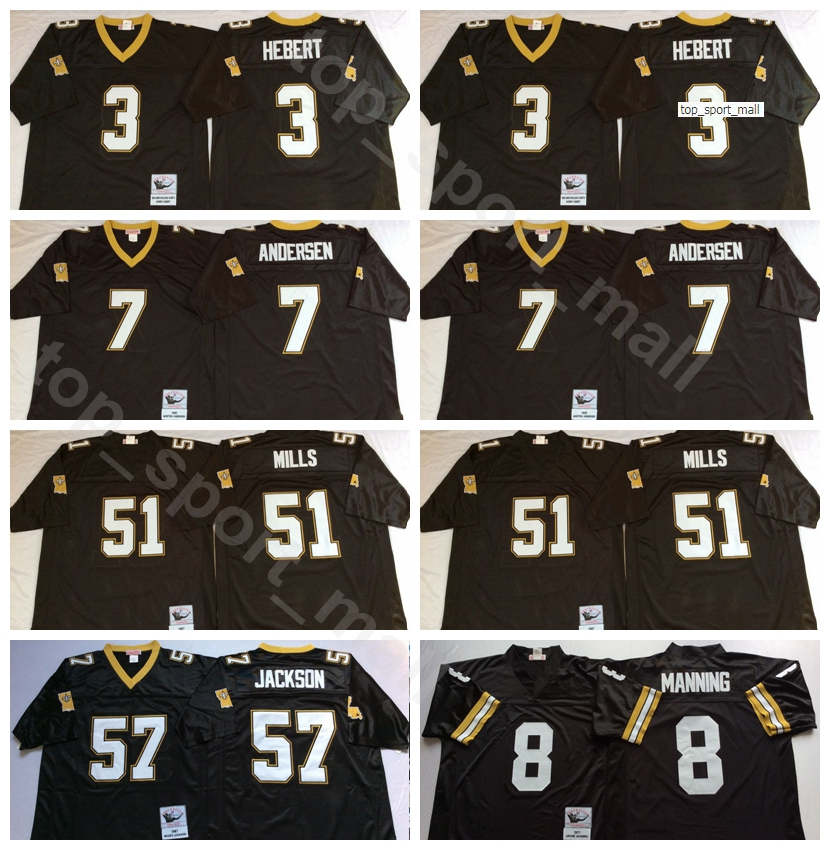 

NCAA Football 8 Archie Manning Jersey 57 Rickey Jackson 7 Morten Andersen 3 Bobby Hebert 51 Sam Mills Black Man Vintage All Stitched, 57 black