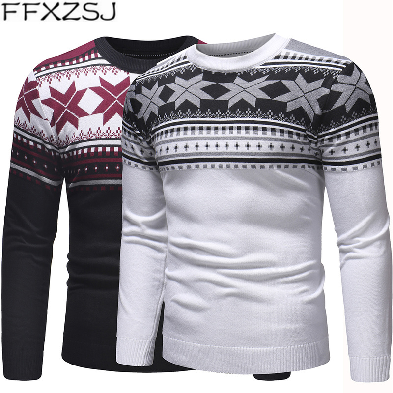 

FFXZSJ 2020 high-quality new autumn and winter polygonal pattern sweater men's long-sleeve round-neck sweater, Black