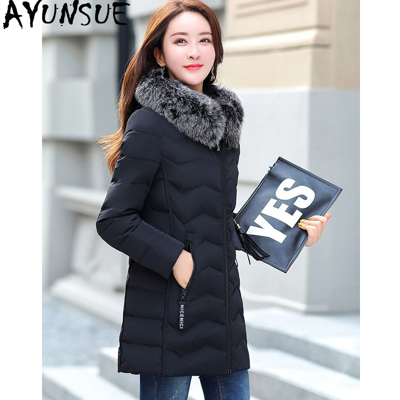 

AYUNSUE Winter Women's Down Jacket Plus Size Real Fur Collar Long Coat Duck Down Jacket Women Coats for 2019 18563 KJ2478, Black