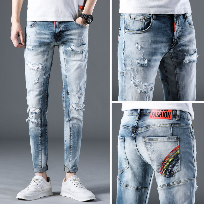 

Summer thin section light-colored hole jeans male Korean version of the slim feet patch fashion personality men's trousers ker, D13