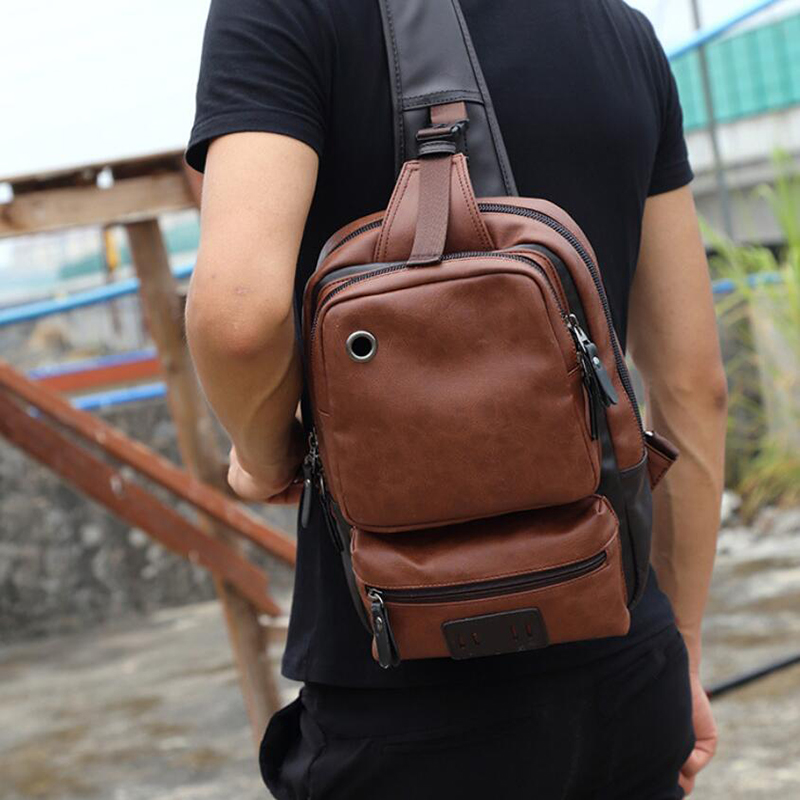 

Vintage PU Leather Men Chest Backbag Casual Fashion Male Messenger Bags Back Pack Crossbody Bags Small Sling Single Shoulder Bag, Brown