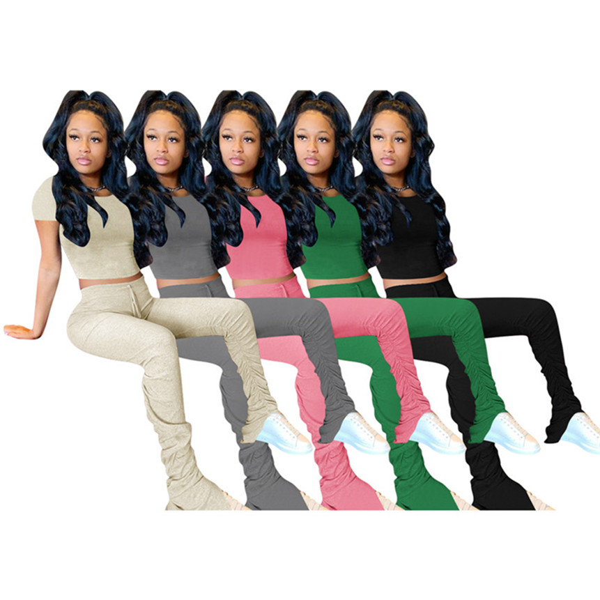 Femmes couleur unie 2 pièces ensemble leggings décontractés costume haut court à manches courtes + pantalon moulant tenues de mode vêtements d'ét
