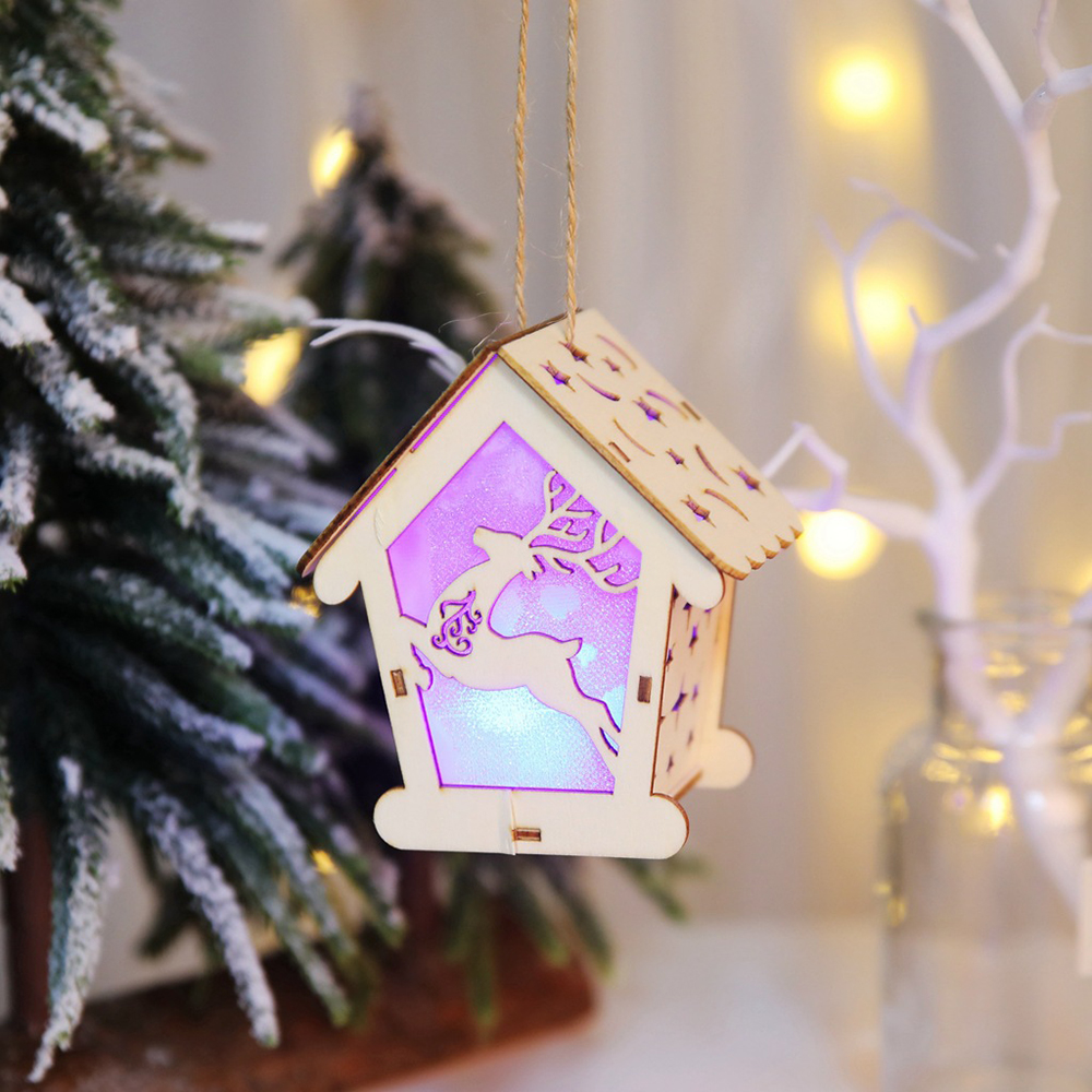 

Christmas Wooden Hollow Illuminate House Pendant Decoration Creative New Year Festival Party Home Door Hanging Ornament Supplies