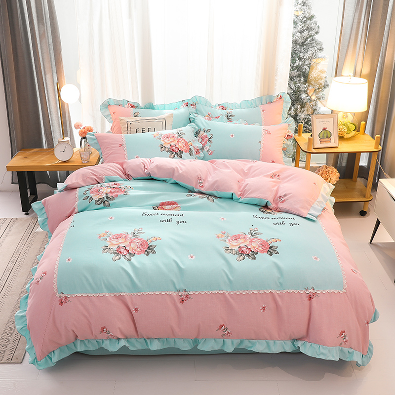 

Soft Cotton Lotus Leaf Lace Bedding Set 200x230cm Large Home Four Seasons Bedclothes Elegant Duvet Cover Bed Sheet Pillowcase, Model 8