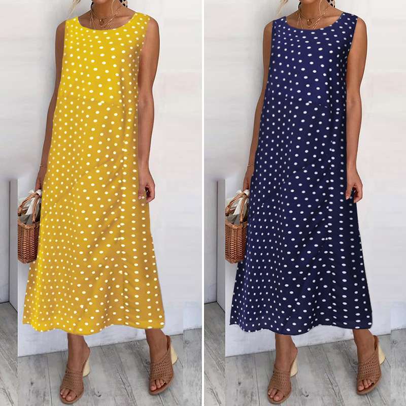 

2020 Summer Beach Sundress Vintage Women Polka Dot Sleeveless Midi Casual Loose Sundress Femme Party Oversized Vestidos 5XL Robe, Yellow