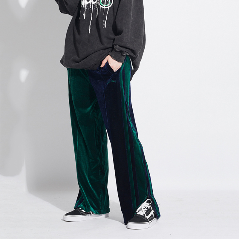 

EWQ / 2020 spring fashion High Street Loose Directly color block Velvet casual Pants Tide sweatwear wide leg trousers 9Y1104, Green spell blue