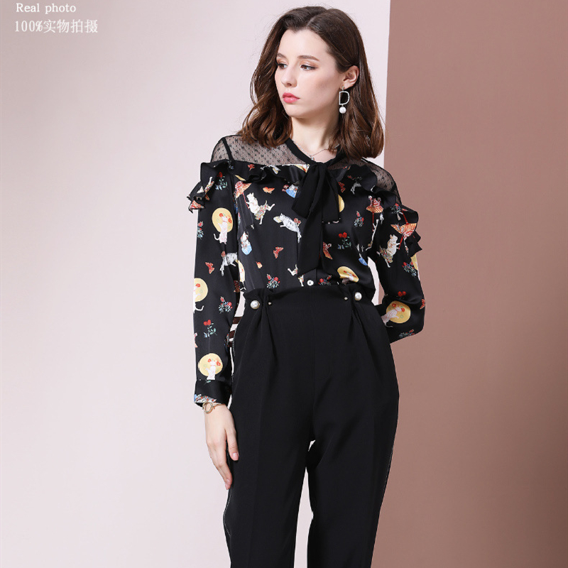 

2020 New Summer Women O-Neck Single Breasted Chiffon Shirts Female Fashion Casual Printed Stitching Openwork Commuter Tops QX55, Black