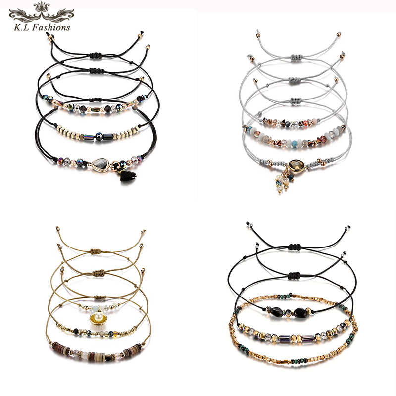 

3pcs/lot Bead Bracelet for Women Multicolor Crystal Series Tandem Leaf Heart Round Geometric Pendant Woven Wax Rope Bracelet Diy Jewelry Set