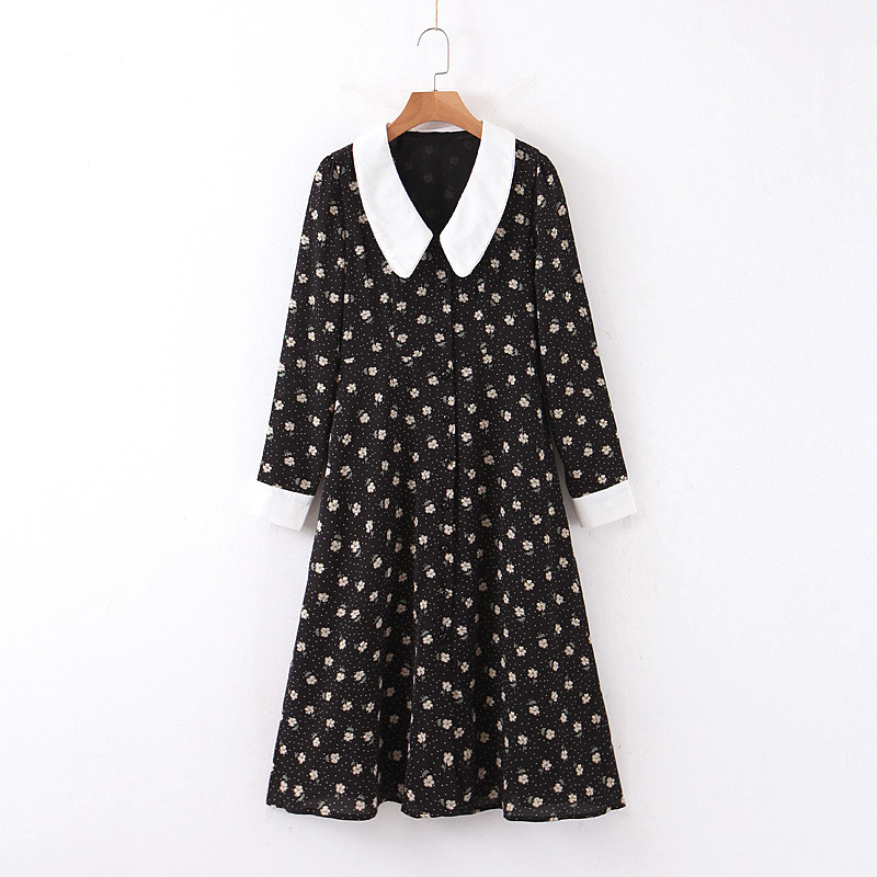 

Chic Women Floral Chiffon Dress Autumn 2019 New Fashion Stylish Lady Clothing Patched White Collar Long Sleeve Dresses, Prints