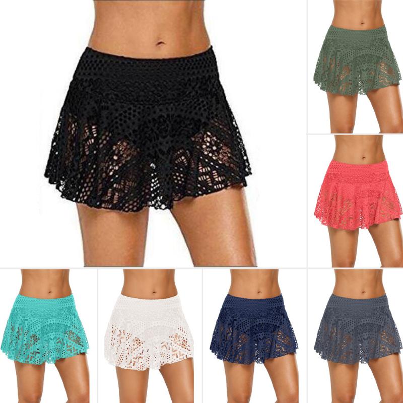 

One-Piece Bikini High Waist Skirt Swim Dress Black White with Pattern Crocheted Lace-up Bikini Bottoms Skirt Anti-Exposure /40