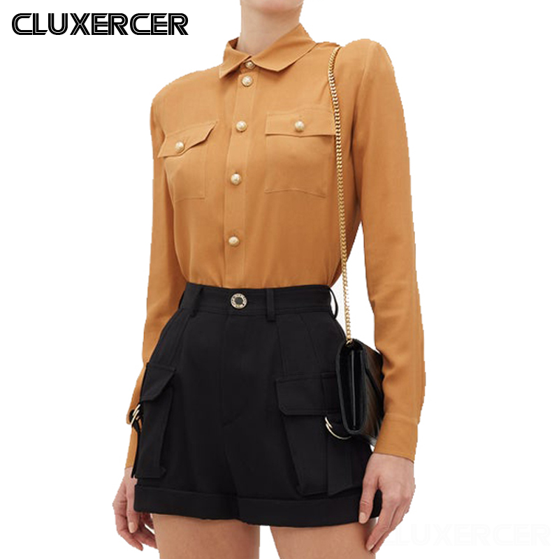

2020 Spring Autumn Solid Office Ladies Shirt Top Casual Long Sleeve Pockets Women Faux Silk Blouse Shirts, Camel