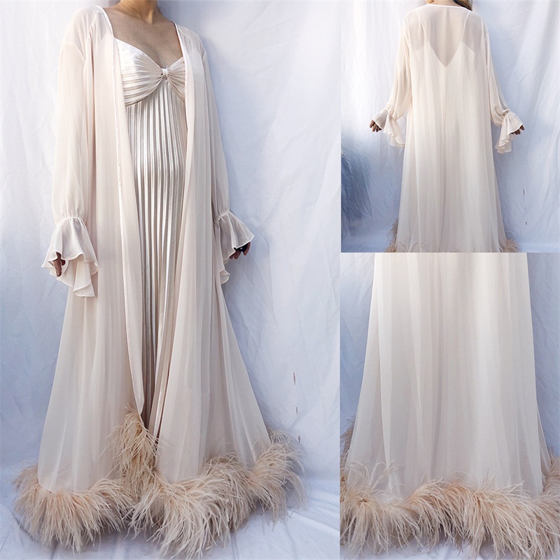 Deux pièces robes de mariée en mousseline de soie spaghetti sangle à volants plume voir à travers la robe de nuit sexy pour les femmes longueur a