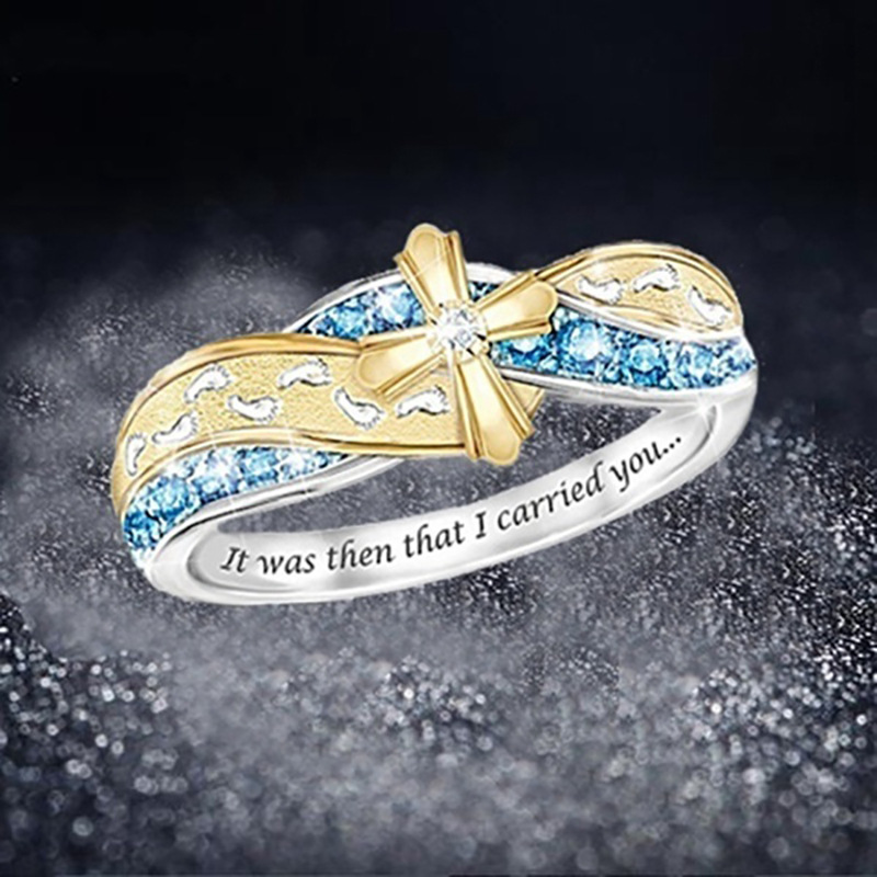

Wedding Rings 2021 Fashion Creative Footprint Frosted Cross For Woman Blue Zircon Two-tone Band Jewelry Girl Party Gift