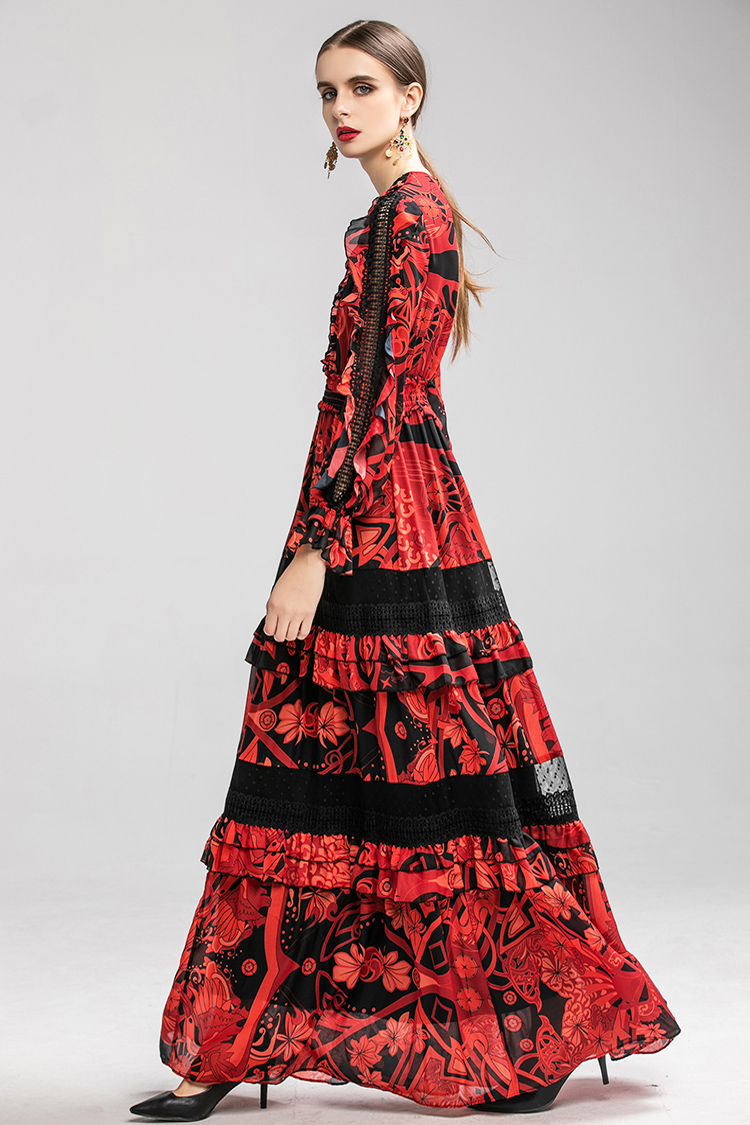 Robes de défilé pour femmes, col rond, manches longues, volants à plusieurs niveaux, imprimé Floral, Patchwork, élégante, Maxi, longue robe de so