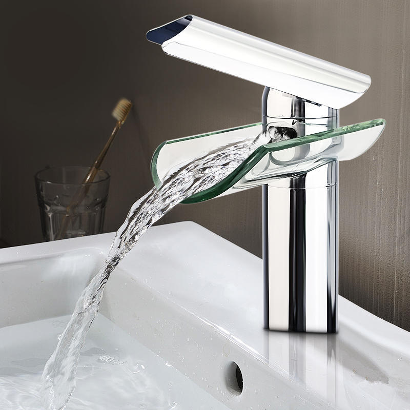 

Bathroom Waterfall Basin Mixer Tap Brass + Chrome Faucet Single Hole Handle Sink Water Tap Connection Hose Hot and Cold Mixer Water Taps