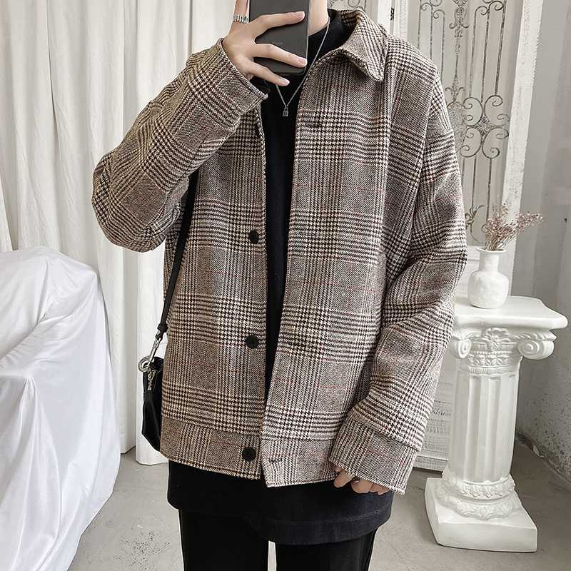 

Plaid Woolen Jacket Men's Fashion Retro Casual Short Woolen Coat Men Streetwear Wild Loose British Style Jackets Mens, Gray