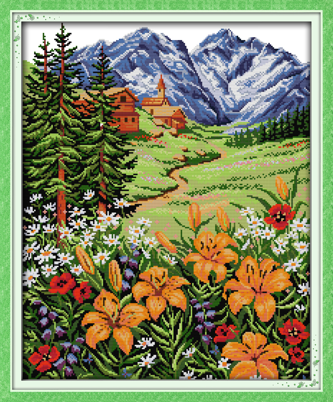 

Snow Mountain in spring Scenery Home decor painting ,Handmade Cross Stitch Embroidery Needlework sets counted print on canvas DMC 14CT /11CT
