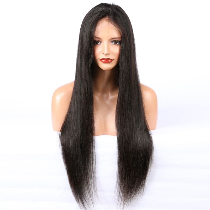 

Human Hair Lace Front Wig Silky Straight Pre Plucked Hairline Soft Brazilian Virgin Hair Full Lace Wig 150% Density With Baby Hair, Natural color