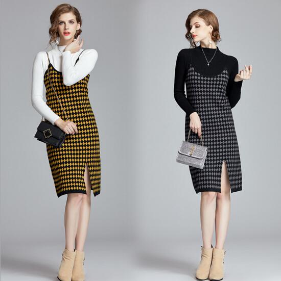 

New autumn age knitting sling wool skirt two-piece suit, Yellow