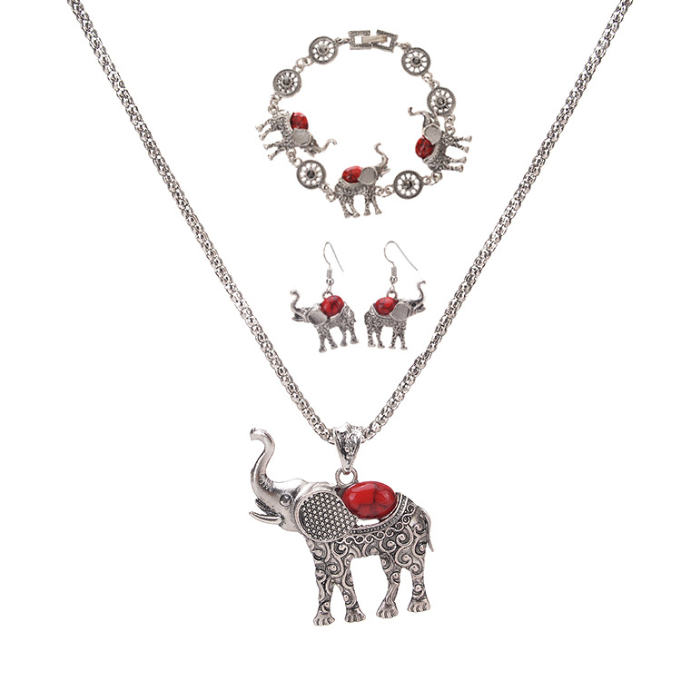 

European and American exaggerated jewelry Posimiasson elephant necklace bracelet earrings Three-piece set wholesale, Red