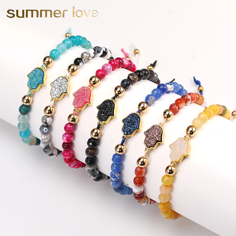 

Bohemian Resin Druzy Charms Natural Stone Agate Beads Bracelets with Card Braided Fatima Hamsa Hand Bracelet For Womens Jewelry Party Gift, Golden;silver