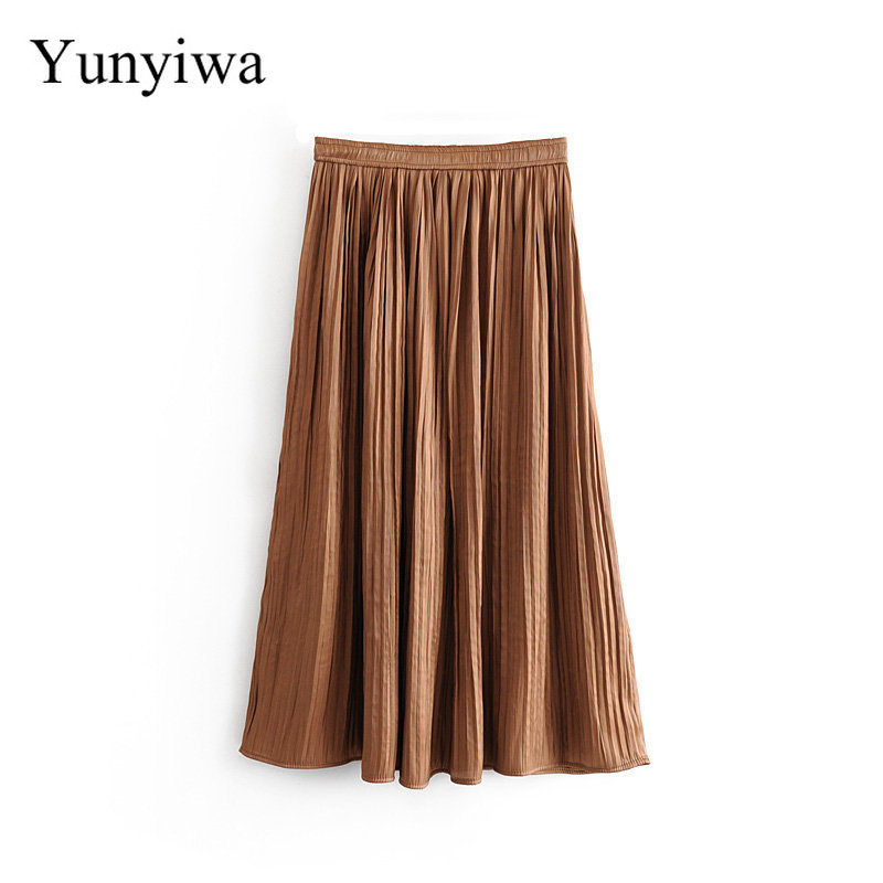 

New Euro Women Solid Color Shinny Pleated Long Skirt Autumn Female Chic Elastic Waist Casual Skirts Vestidos Mujer, As picture