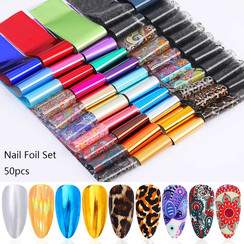 

50Pcs/Set Holographics Colorful Nail Foils Nail Art Transfer Sticker Decoration 4*20cm Random Color, 31 water decals