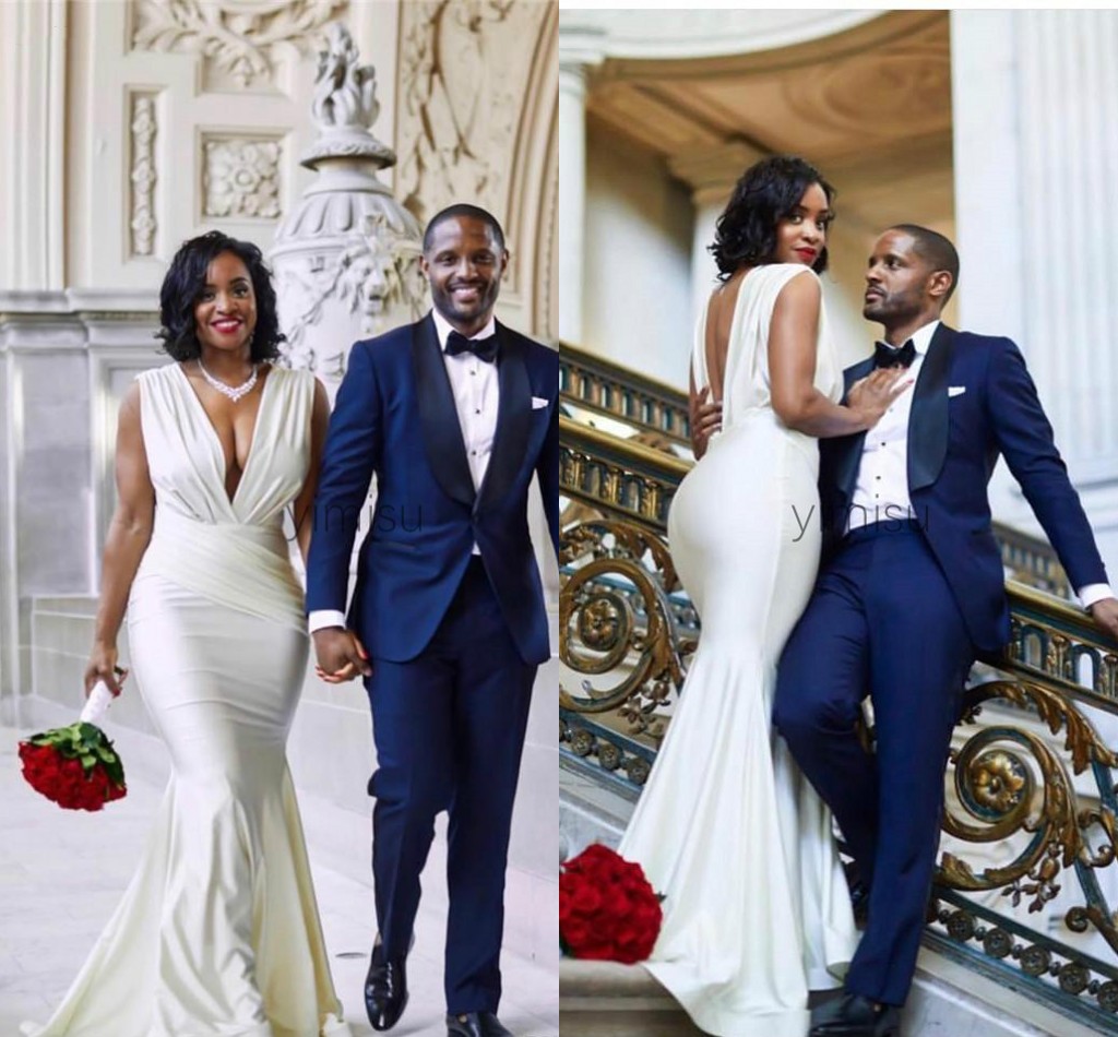 

Ivory African Mermaid Bridesmaid Dresses 2020 V Neck Backless Draped Sweep Train Garden Country Wedding Guest Gowns Maid of Honor Dress