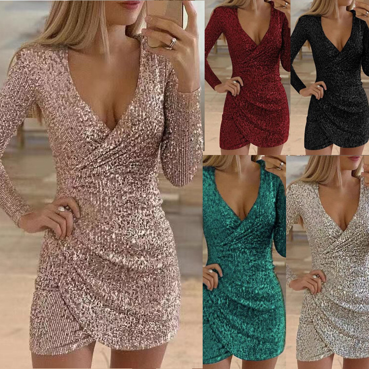 

BacklakeGirls 2020 Ever Pretty Women Sexy Sequined Bodycon Mini Cocktail Dress V-neck Slim Lady Evening Party Dress Mujer, Black