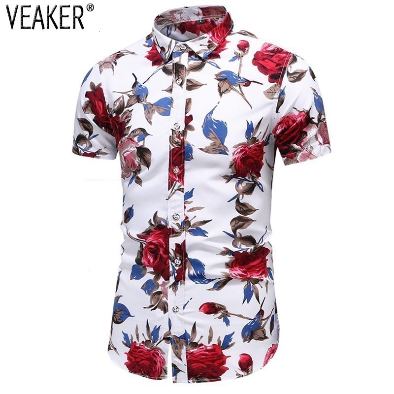 

2019 New men Slim fit Flower Printed shirts Men's Short Mouths Flowers Shirt Men's Basic Tops Casual Shirts Plus size  -7XL