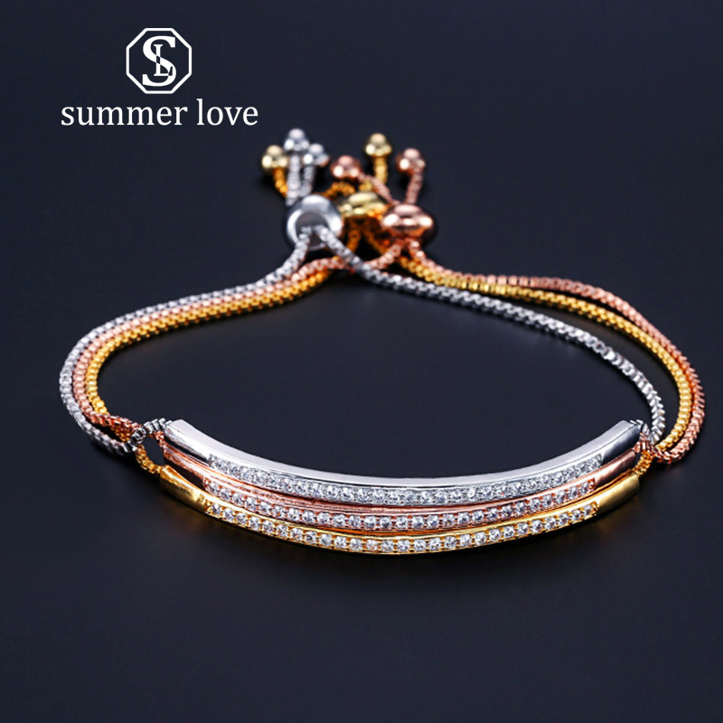 

New Fahion Rose Gold Plated Single Row Cubic Zirconia Charm Bangle Bracelets CZ Crystal Bling Adjustable Chain Women Party Jewelry Gifts