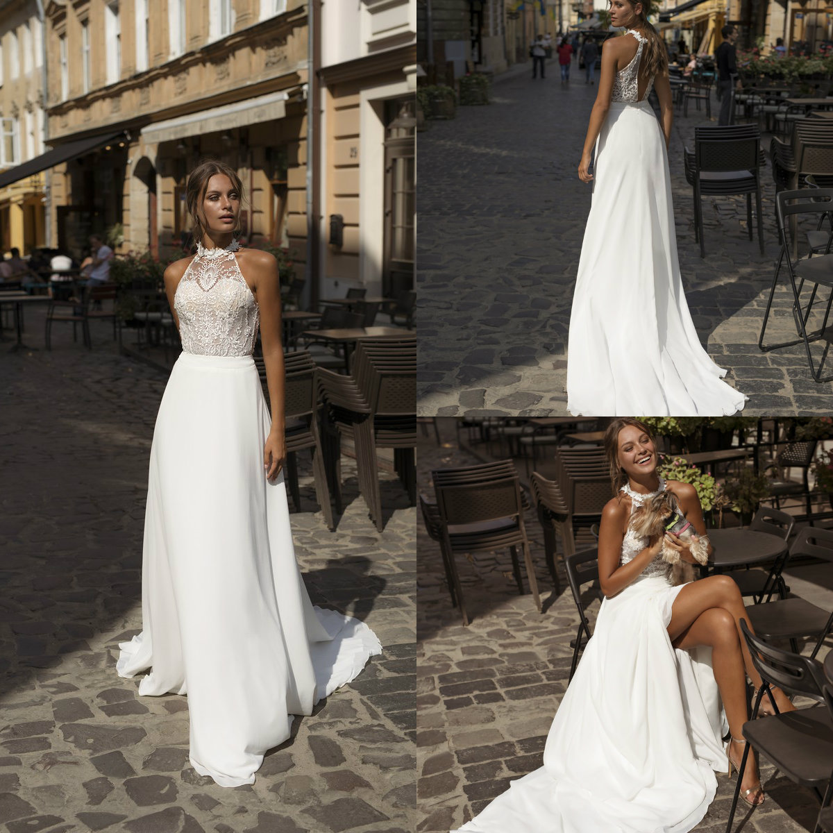 

2019 Lian Rokman A Line Wedding Dresses Jewel Neck Sweep Train Vestidos De Novia Hollow Chiffon Country Wedding Dress Plus Size Bridal Gowns, Beige