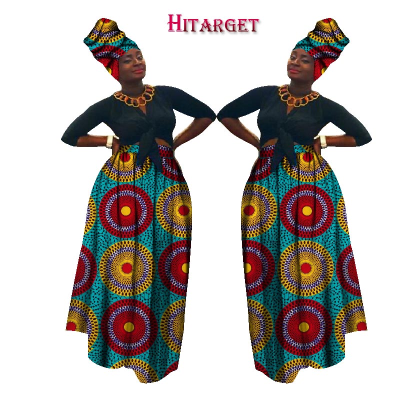 

2019 Autumn Dashiki African High Waist Ball Grown Skirt Bazin Riche African Skirt+ headscarf africaine pour les femme WY1270