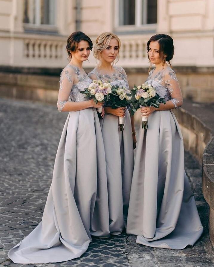 

Wholesales- Illusion Half Sleeve A Line Bridesmaid Dresses Covered Button Satin Sweep Train Maid Of Honor Dresses With Lace Beads