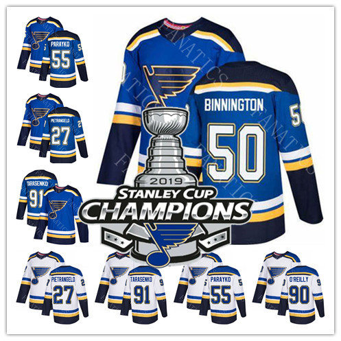 

2019 Stanley Cup Champion St. Louis Blues 91 Vladimir Tarasenko 90 Ryan O'Reilly 27 Alex Pietrangelo 50 Binnington 17 Jaden Schwartz Jersey, White 50 binnington