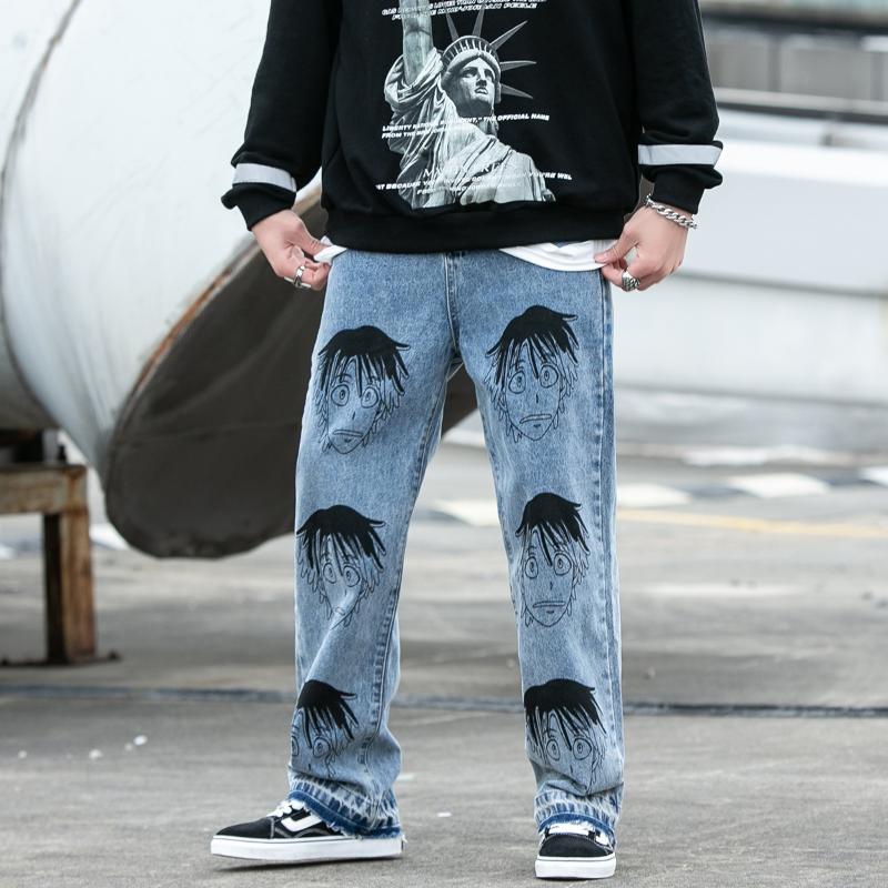 

UNCLEDONJM 2020 Streetwear Men Loose Denim Pants Graffiti Print Black Vintage Denim Pants Harajuku Joggers Trousers 7012, Light blue